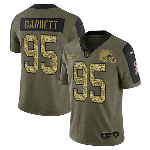 Men's Cleveland Browns #95 Myles Garrett 2021 Olive Camo Salute To Service Limited Stitched Jersey Men's Cleveland Browns #95 Myles Garrett 2021 Olive Camo Salute To Service Limited Stitched Jersey